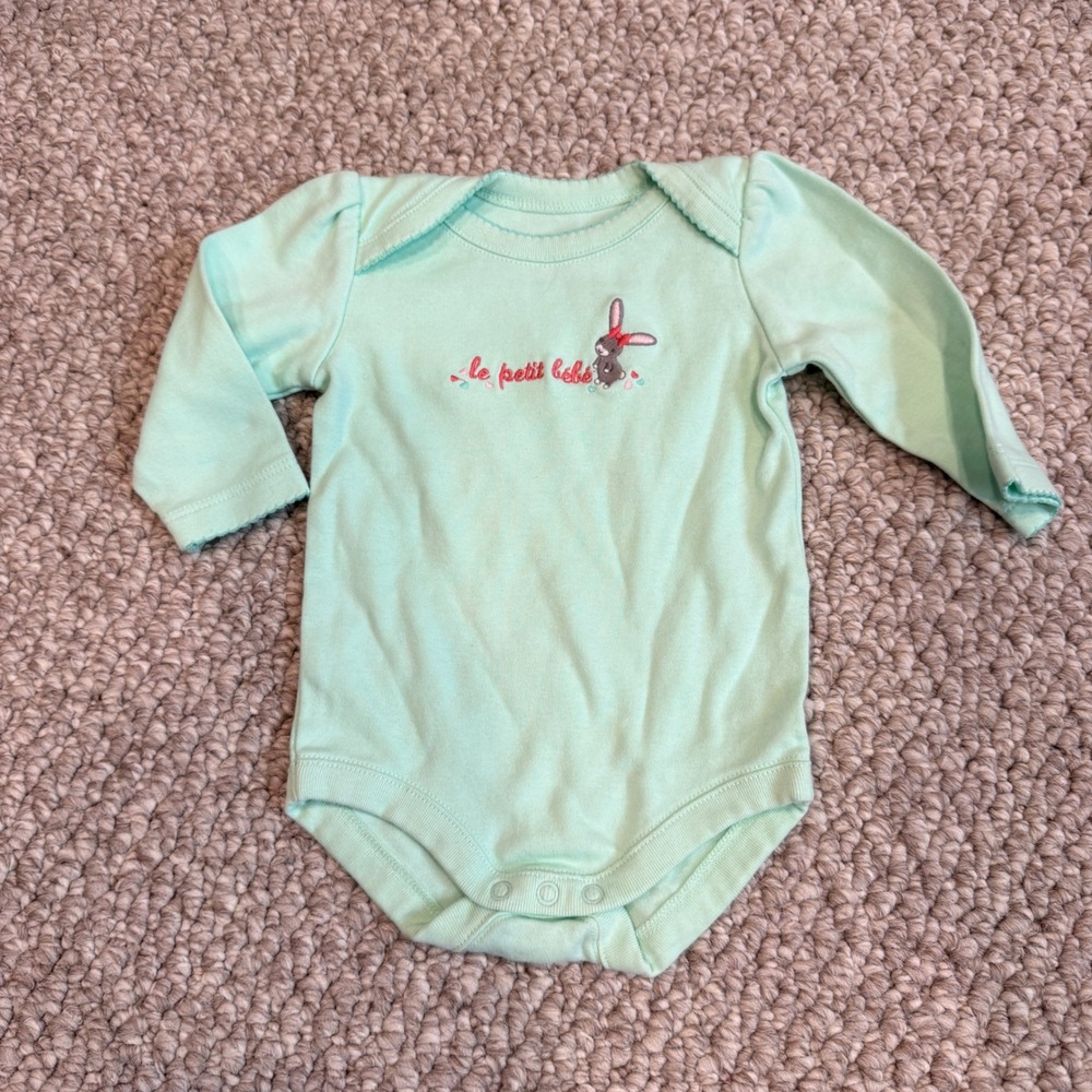 Gymboree Mint Green Le Petit Bebe Bunny Long Sleeve Bodysuit Size 0-3 Months